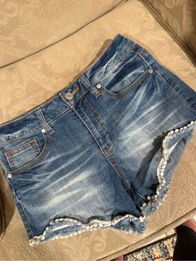 Altar'd State Distressed Blue Denim Shorts with Scalloped Hem